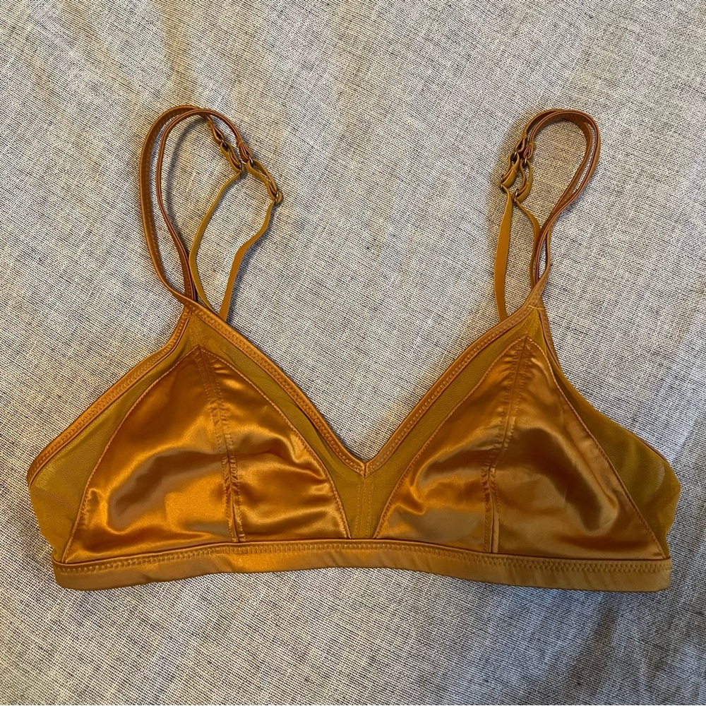 Aerie Satin Mesh Strappy Triangle Bralette Bra Mustard Yellow S